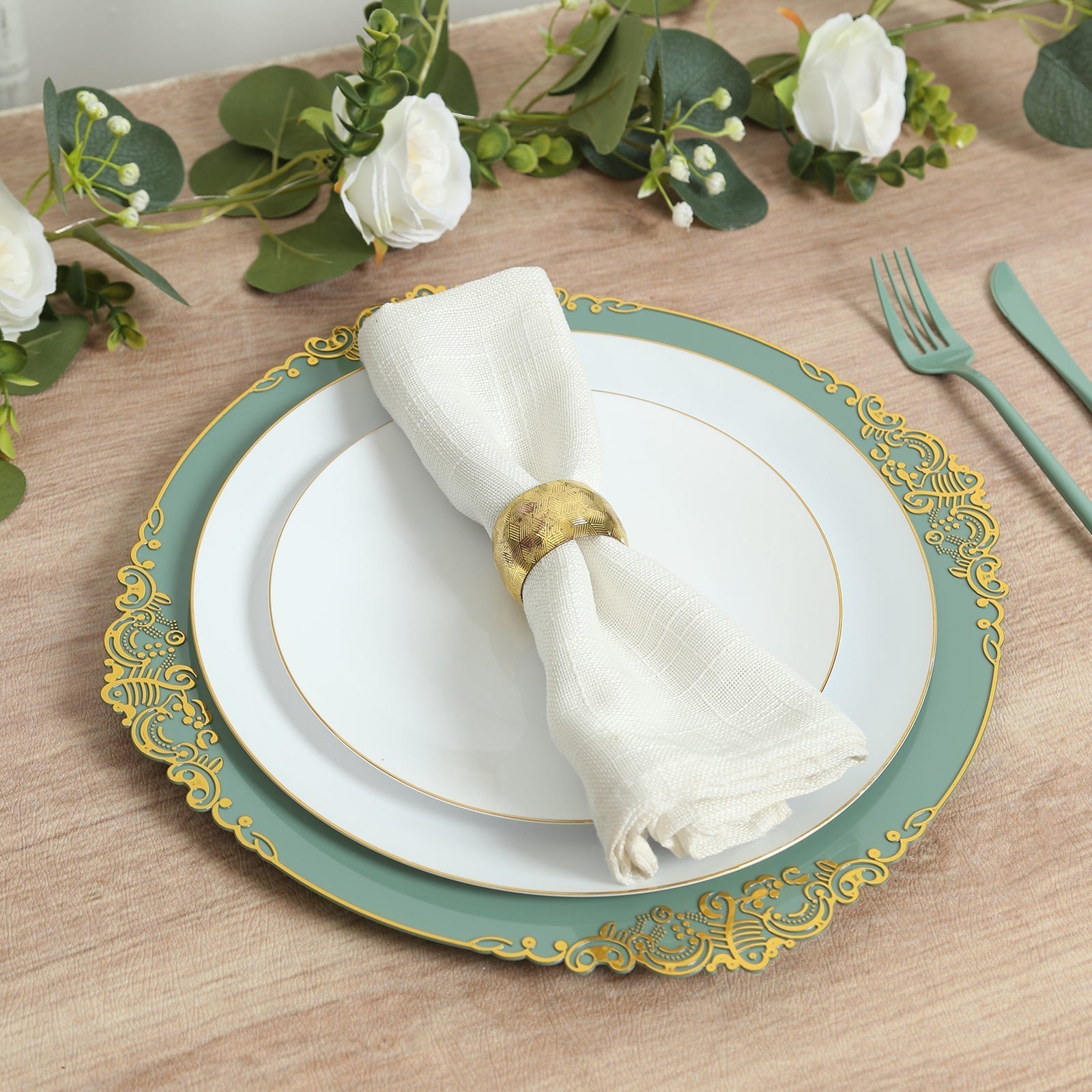 20-Pack Economy Plastic Round Charger Plates 13’’ in Dusty Sage Green with Gold Embossed Baroque Rim Stylish Dinner