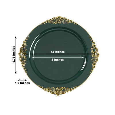20-Pack Economy Plastic Round Charger Plates 13’’ in Hunter Emerald Green with Gold Embossed Baroque Rim Stylish Dinner