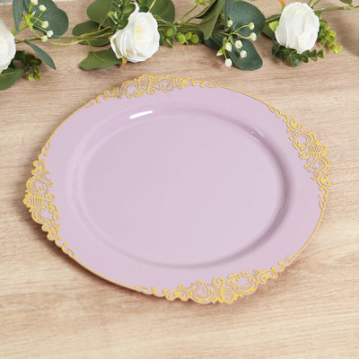 20-Pack Economy Plastic Round Charger Plates 13’’ in Lavender Lilac with Gold Embossed Baroque Rim Stylish Dinner Party
