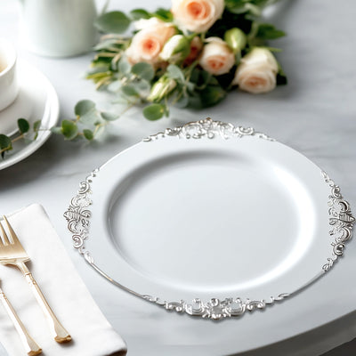 20-Pack Economy Plastic Round Charger Plates 13’’ in White with Silver Embossed Baroque Rim Stylish Dinner Party