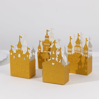 20 Pack Gold Glitter Fairy Tale Castle Favor Boxes Princess Theme Cardstock Paper Candy Boxes Party Decorations