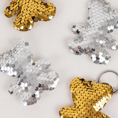 20 Pack Gold Silver Sequin Teddy Bear Keychains with White Organza Party Favor Bags and Thank You Tags - 3’’