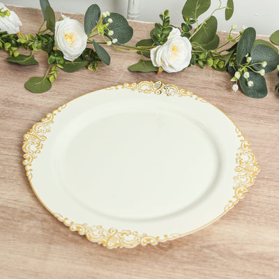 20-Pack Economy Plastic Round Charger Plates 13" in Ivory with Gold Embossed Baroque Rim, Stylish Dinner Party Serving Plates