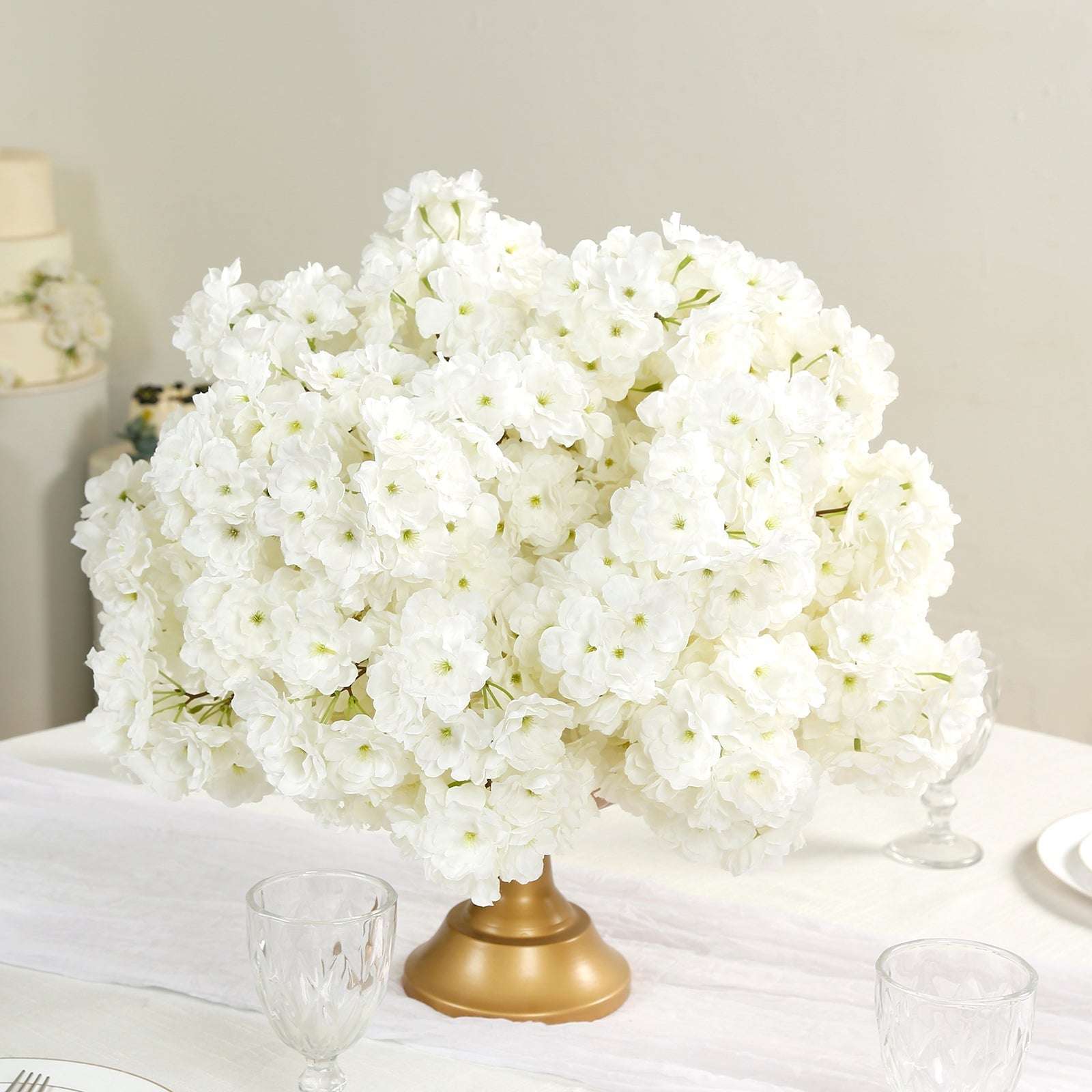 20’’ Pre-Arranged Artificial Cherry Blossom Centerpiece White Silk Flower Ball Arrangement for Wedding & Event Tables