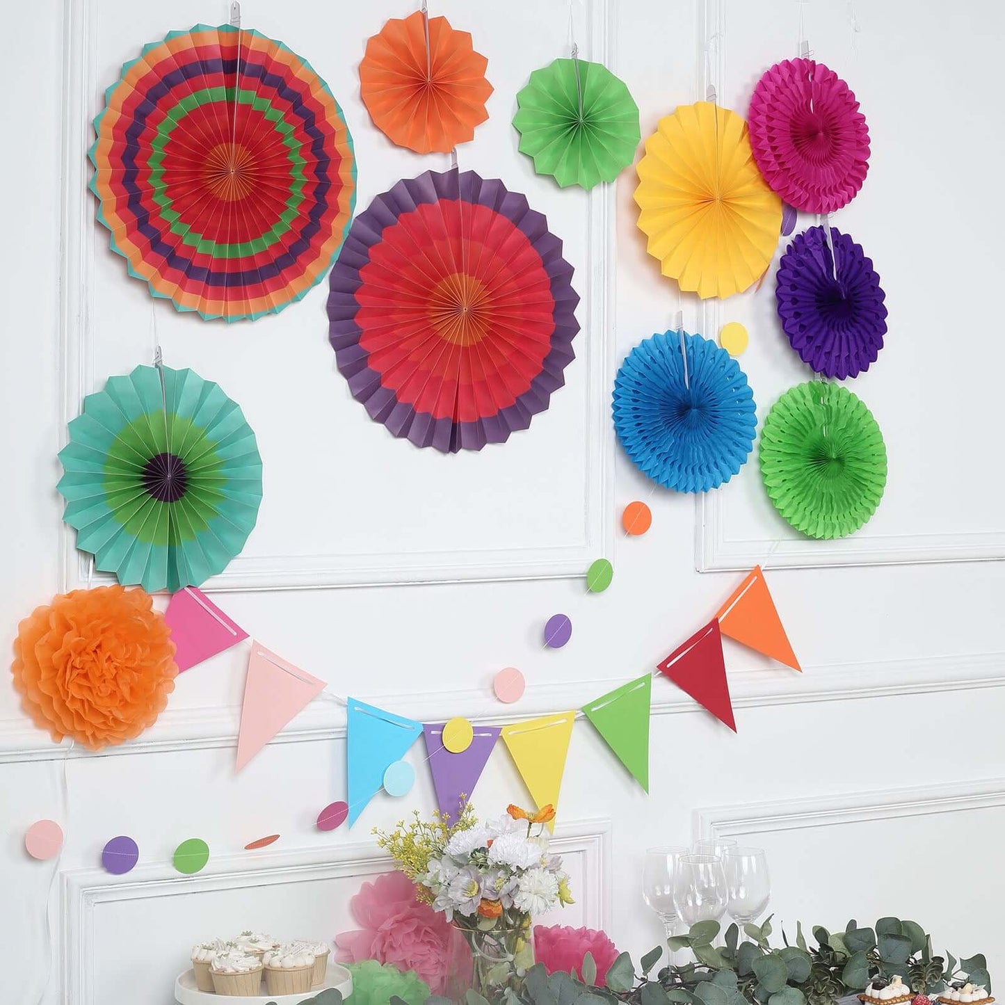 20Pcs Colorful Hanging Fiesta Themed Party Decorations Set, Paper Fans, Pom Pom Flowers, Polka Dot and Bunting Flag Garlands Included