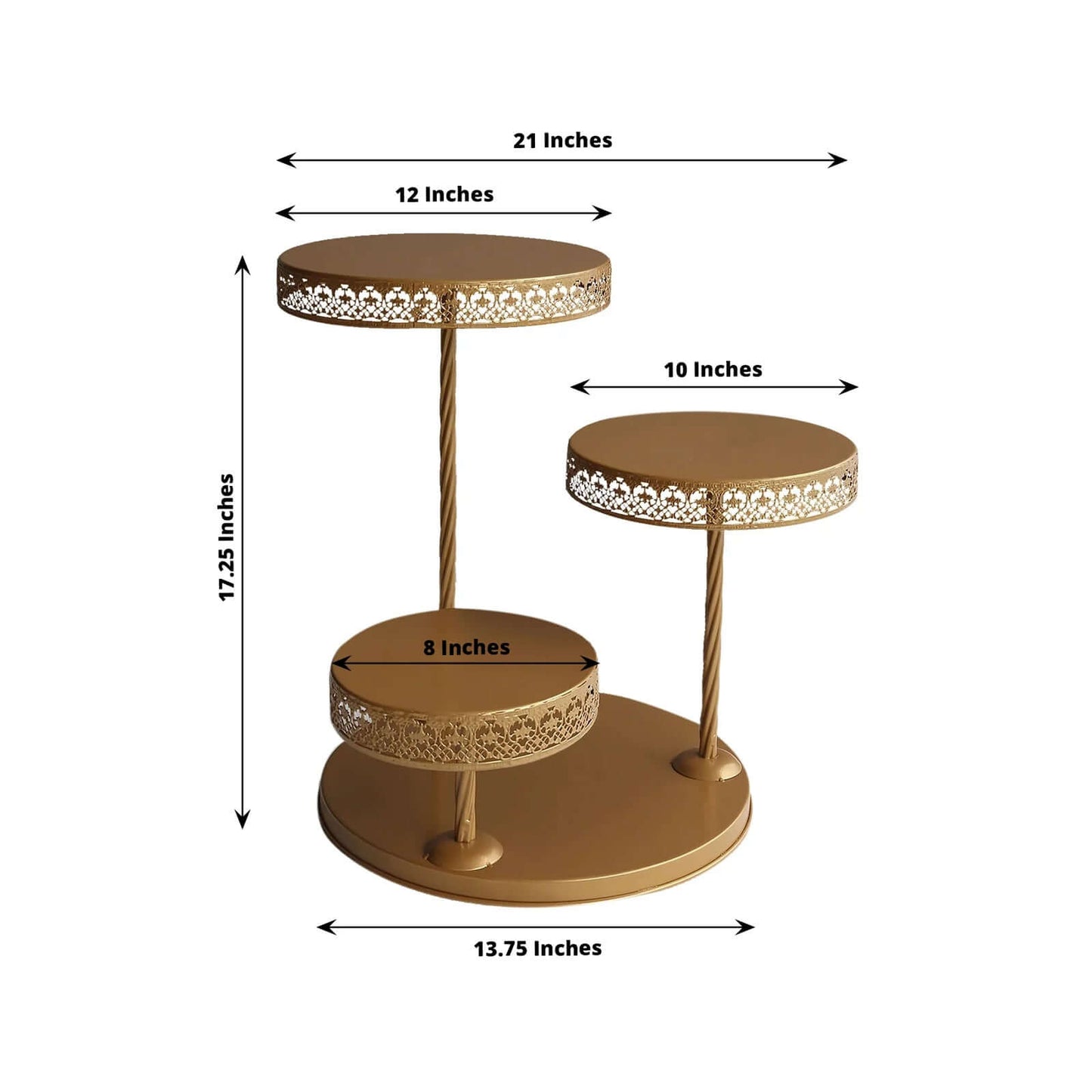 3-Tier Dessert Stand Hollow Lace Round Design Gold - Cupcake Tower and Tiered Cake Display Metal 21"