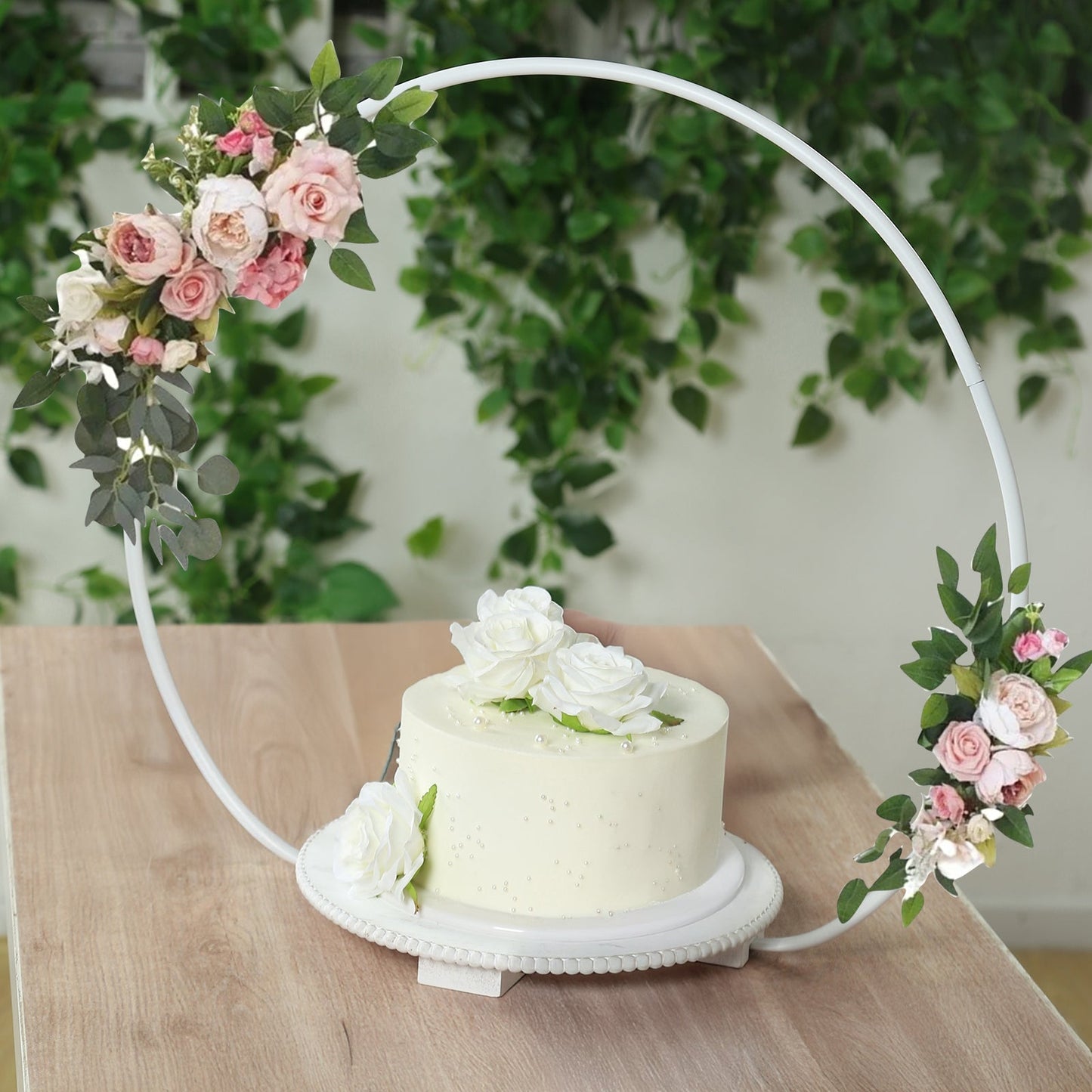 22’’ Metal Round Floral Hoop Cake Stand Whitewash - Dessert Display DIY Centerpiece Table Decoration with Beaded Wooden