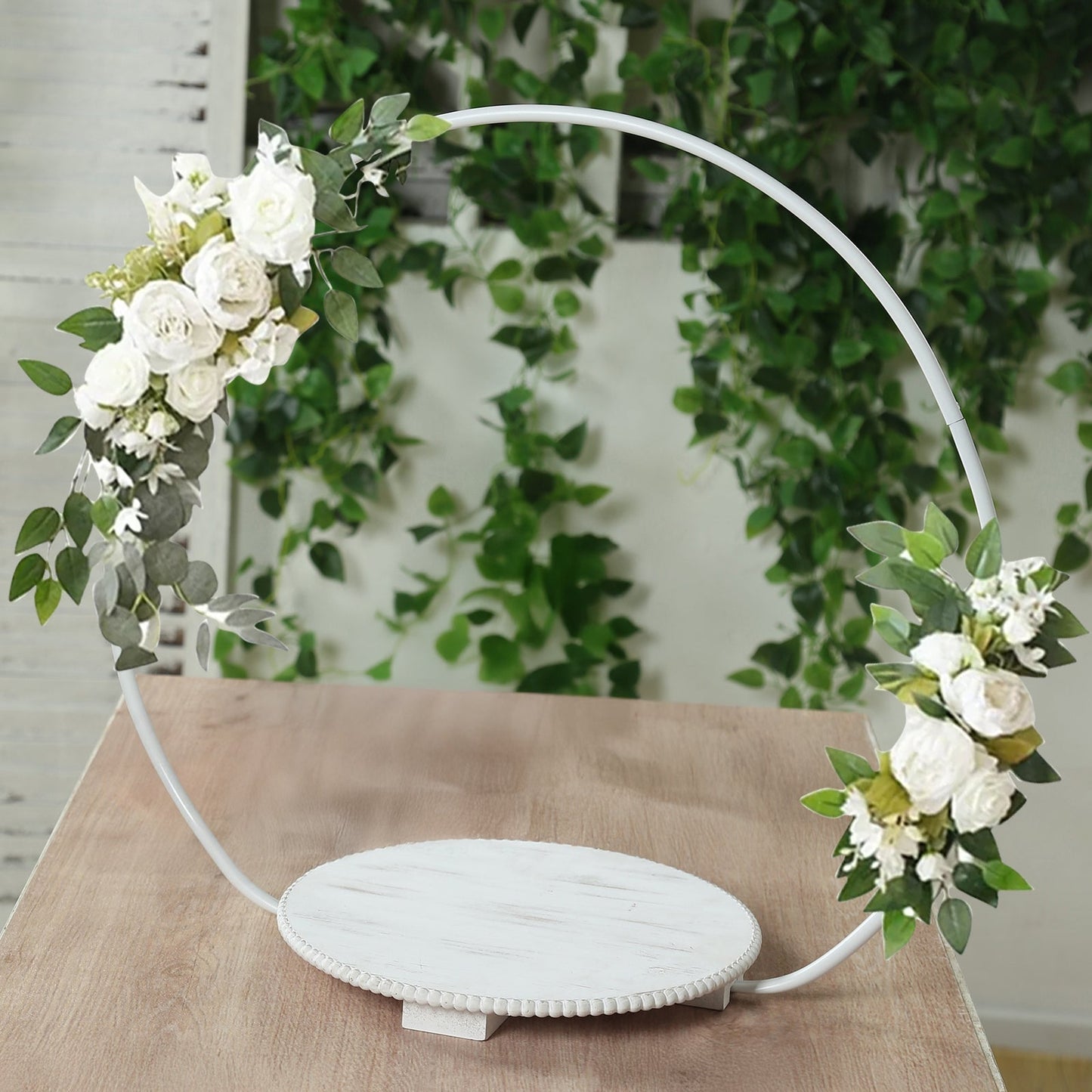 22’’ Metal Round Floral Hoop Cake Stand Whitewash - Dessert Display DIY Centerpiece Table Decoration with Beaded Wooden