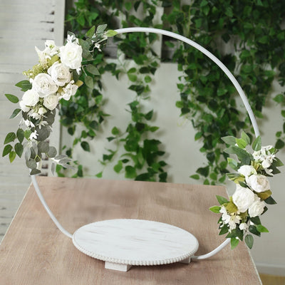 22’’ Metal Round Floral Hoop Cake Stand Whitewash - Dessert Display DIY Centerpiece Table Decoration with Beaded Wooden