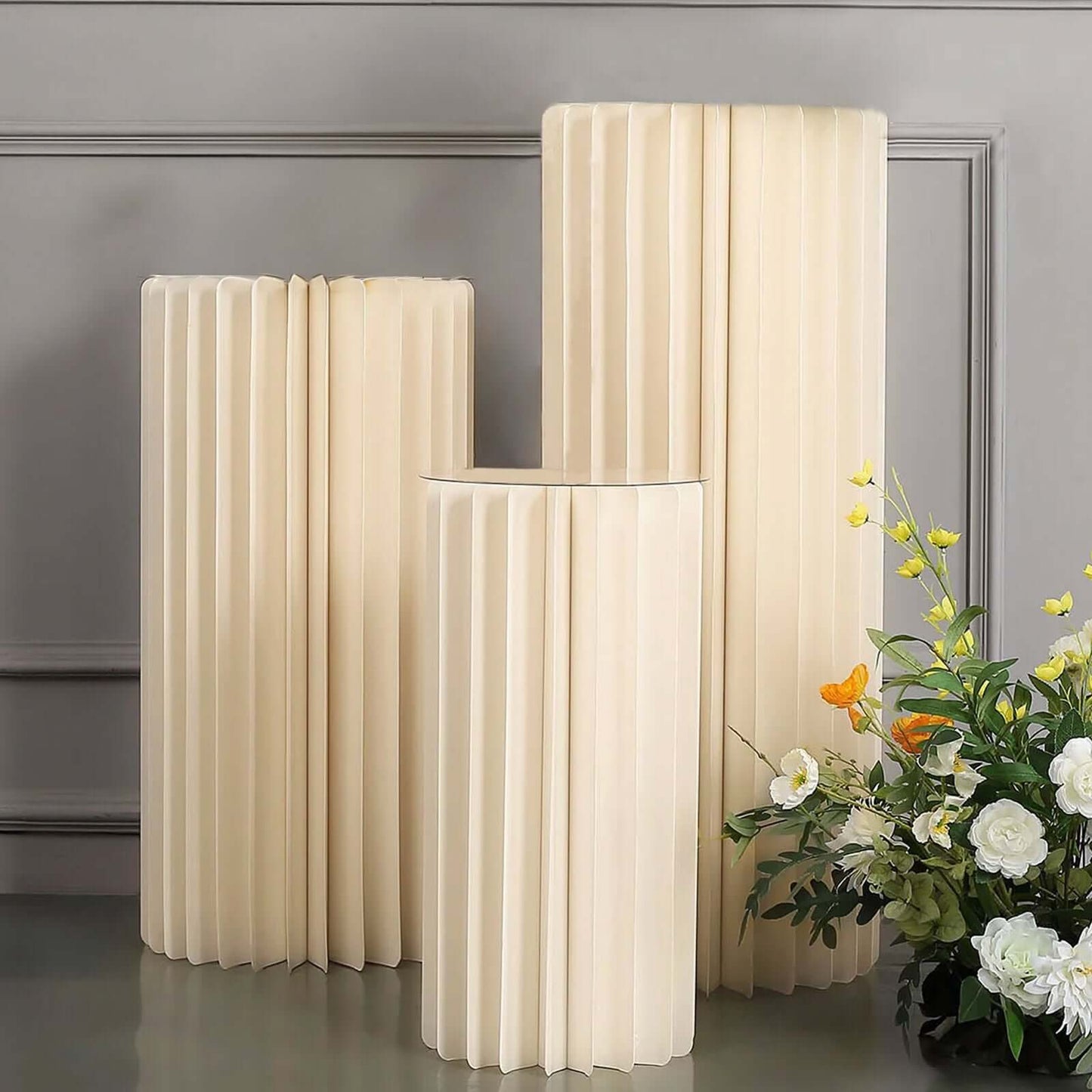 24" Ivory Cylinder Display Column Stand, Pillar Pedestal Stand With Top Plate