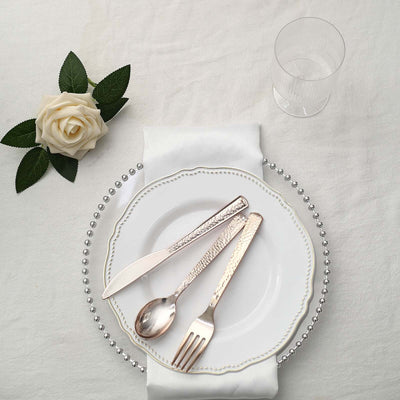 24-Pack Plastic Silverware Set with Hammered Design Rose Gold - Heavy Duty Disposable Utensils 7"