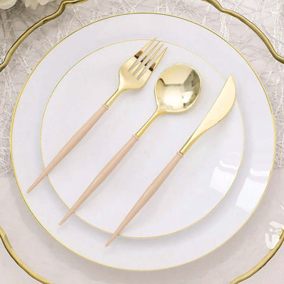 24-Pack Plastic Flatware Set in Metallic Gold with Beige Handle - Heavy Duty Disposable Modern Silverware 8"