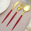 24-Pack Plastic Flatware Set in Metallic Gold with Red Handle - Heavy Duty Disposable Modern Silverware 8"