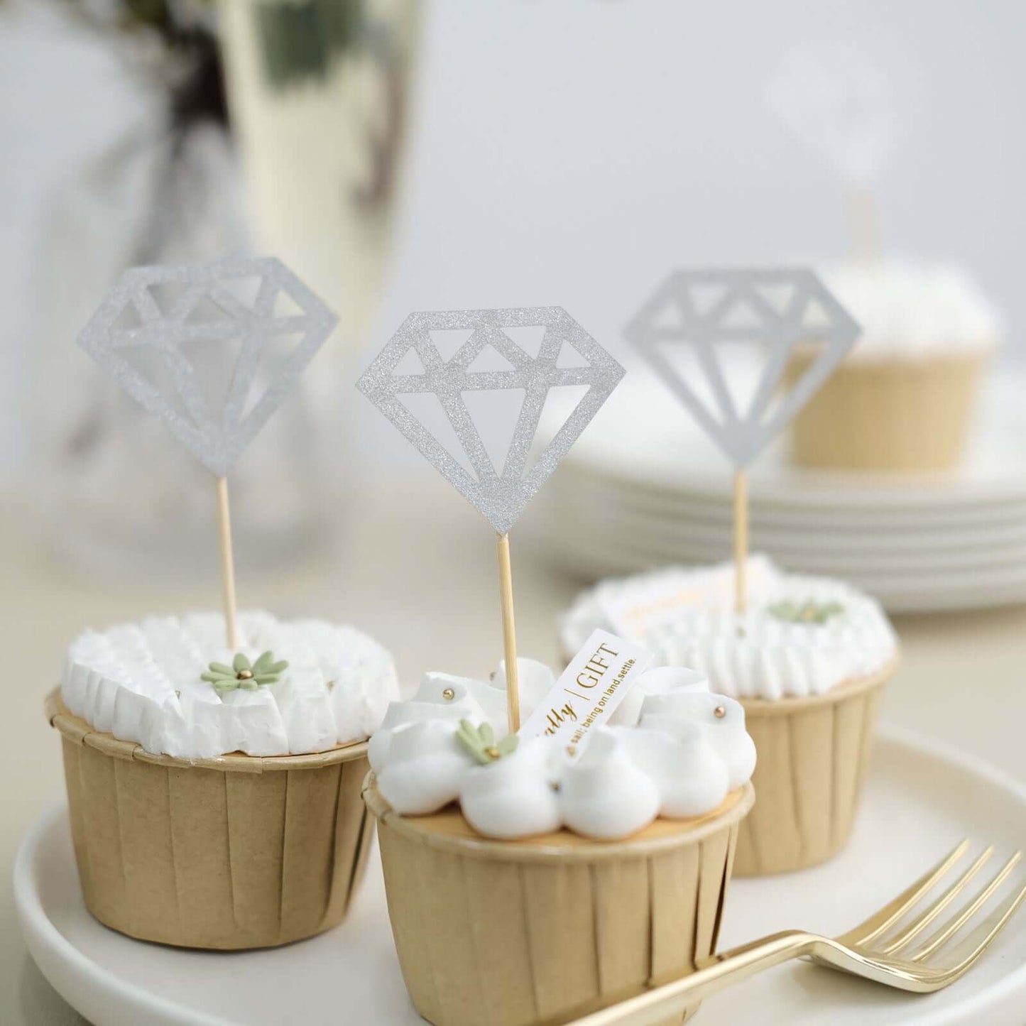 24-Pack Cupcake Toppers Diamond Ring Design Glitter Silver - Party Cake Picks Engagement Decoration Supplies