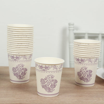 24 Pack Disposable Paper Cups in White Lavender Damask Floral Pattern Elegant Party Cups - 9oz - Disposables