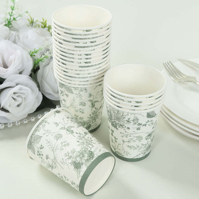 24 Pack Disposable Paper Cups in White Sage Green French Toile Pattern Elegant Party Cups - 9oz - Disposables