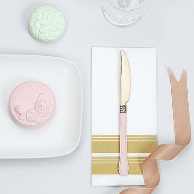 24 Pack Gold 7.5" Heavy Duty Plastic Knives with Blush Handle, Disposable Silverware