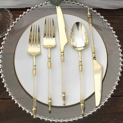 24-Pack Plastic Utensil Set with Roman Column Handle Gold/Clear - Glittered Disposable Silverware
