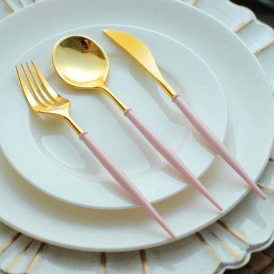 24-Pack Plastic Flatware Set in Metallic Gold with Blush Handle - Heavy Duty Disposable Modern Silverware 8"