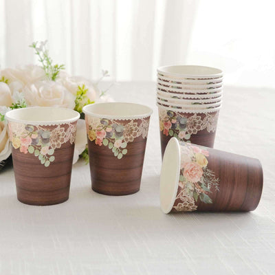 24-Pack Paper Cups 9oz Brown Wood Print with Floral Lace Rim - Chic Disposable Party Cups for Rustic Decor & Themed