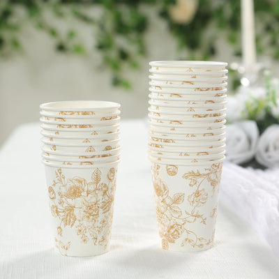 24-Pack Paper Cups in White with Gold French Toile Print - Stylish Disposable Floral Party Cups for Weddings & All