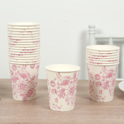24-Pack Paper Cups in White with Pink French Toile Print - Stylish Disposable Floral Party Cups for Weddings & All