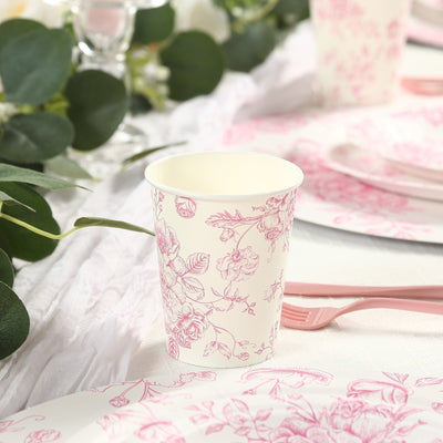 24-Pack Paper Cups in White with Pink French Toile Print - Stylish Disposable Floral Party Cups for Weddings & All