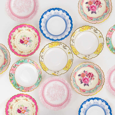 24-Pack Paper Dessert Bowls Vintage Mixed Floral Design Round - Ideal for Parties and Salads 7’’ 300 GSM - Disposables