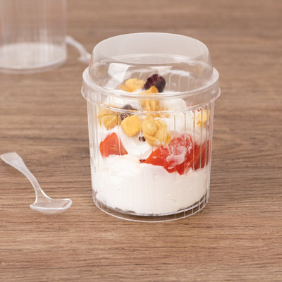 24-Pack Plastic Fruit Dessert Cups Ribbed Clear with Lid and Spoon - Ideal for Parfaits 5oz - Disposables