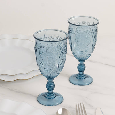 24-Pack Plastic Wine Glasses 10oz â€“ Transparent Dusty Blue Vintage Goblets with Retro Embossed Design Elegant