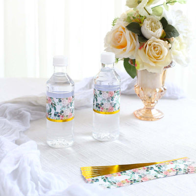 24 Pack White/Pink Water Bottle Labels with Peony Floral Design & Gold Trim Waterproof Bottle Stickers - Decorations