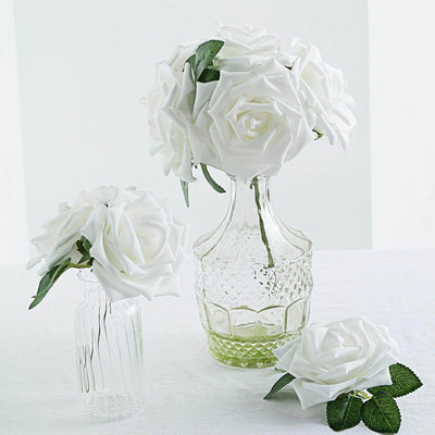 24 Roses 5" White Artificial Foam Flowers With Stem Wire and Leaves