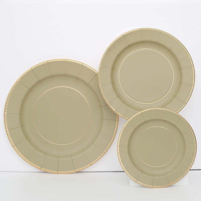25-Pack Paper 10" Round Dinner Plates in Khaki Sunray Design with Gold Rim - Disposable Heavy Duty 350GSM Party Plates