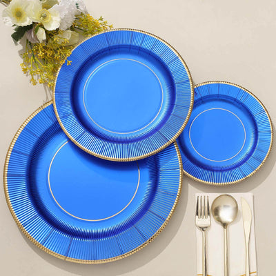 25-Pack Paper 10" Round Dinner Plates in Royal Blue Sunray Design with Gold Rim - Disposable Heavy Duty 350GSM Party Plates