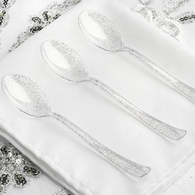 25-Pack Plastic Spoons Clear Silver Glitter Classic Heavy Duty - Decorative Disposable Tableware 7"