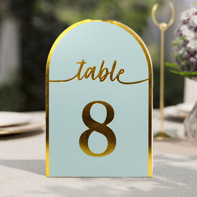 25-Pack 7’’ Disposable Table Numbers Dusty Blue Free Standing Double Sided Table Number Place Cards with Metallic Gold