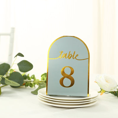 25-Pack 7’’ Disposable Table Numbers Dusty Blue Free Standing Double Sided Table Number Place Cards with Metallic Gold