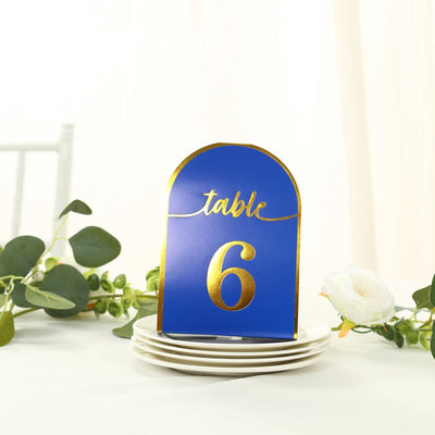 25-Pack 7’’ Disposable Table Numbers Royal Blue Free Standing Double Sided Table Number Place Cards with Metallic Gold