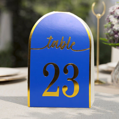 25-Pack 7’’ Disposable Table Numbers Royal Blue Free Standing Double Sided Table Number Place Cards with Metallic Gold