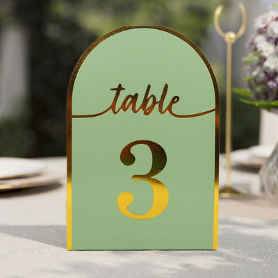 25-Pack 7’’ Disposable Table Numbers Sage Green Free Standing Double Sided Table Number Place Cards with Metallic Gold