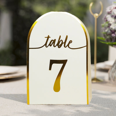 25-Pack 7’’ Disposable Table Numbers White Free Standing Double Sided Table Number Place Cards with Metallic Gold Foil