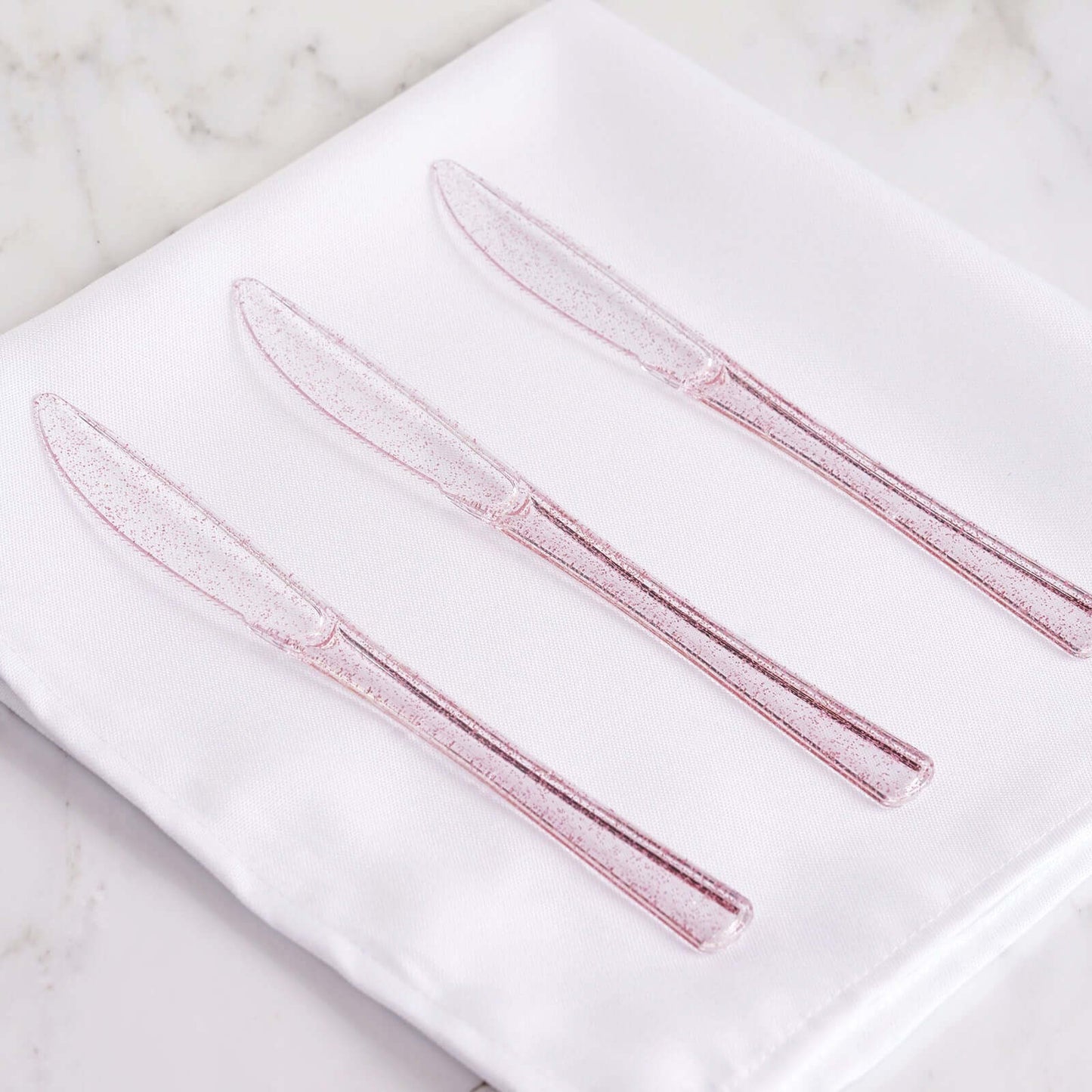 25-Pack Plastic Knives Transparent Blush Glitter Classic Heavy Duty - Decorative Disposable Cutlery 7"