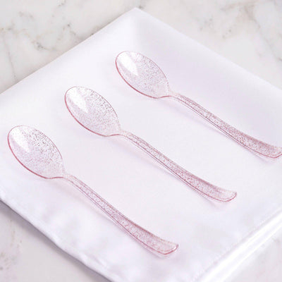 25-Pack Plastic Spoons Transparent Blush Glitter Classic Heavy Duty - Decorative Disposable Tableware 7"