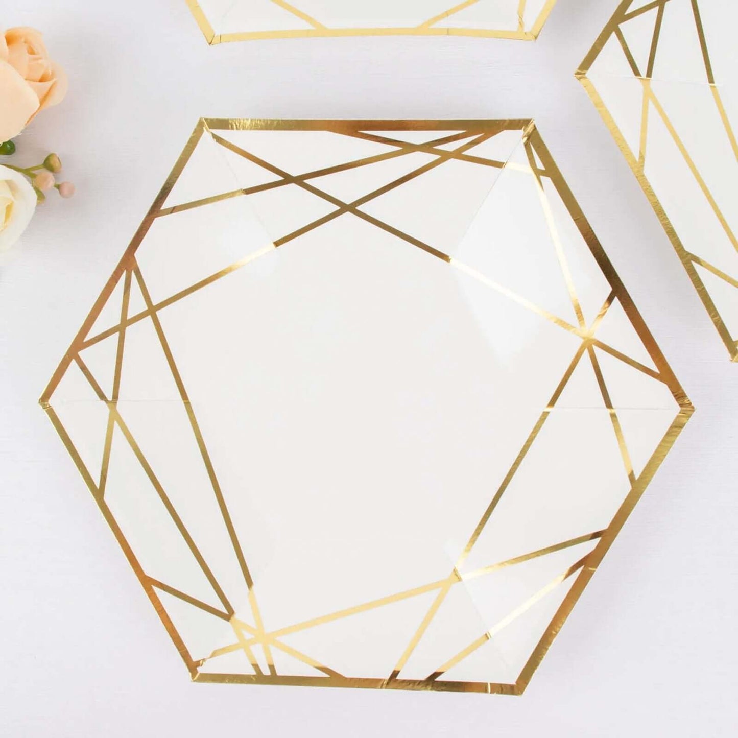 25-Pack Paper 7" Hexagon Dessert Plates in White with Gold Geometric Lines & Rim - Stylish Disposable Geometric 300GSM Appetizer Salad Plates for Events & Banquets
