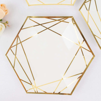 25-Pack Paper 7" Hexagon Dessert Plates in White with Gold Geometric Lines & Rim - Stylish Disposable Geometric 300GSM Appetizer Salad Plates for Events & Banquets