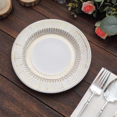 25-Pack Paper 8" Round Dessert Plates in White with Gold Vintage Porcelain Style Rim - Disposable 300GSM Salad Appetizer Plates