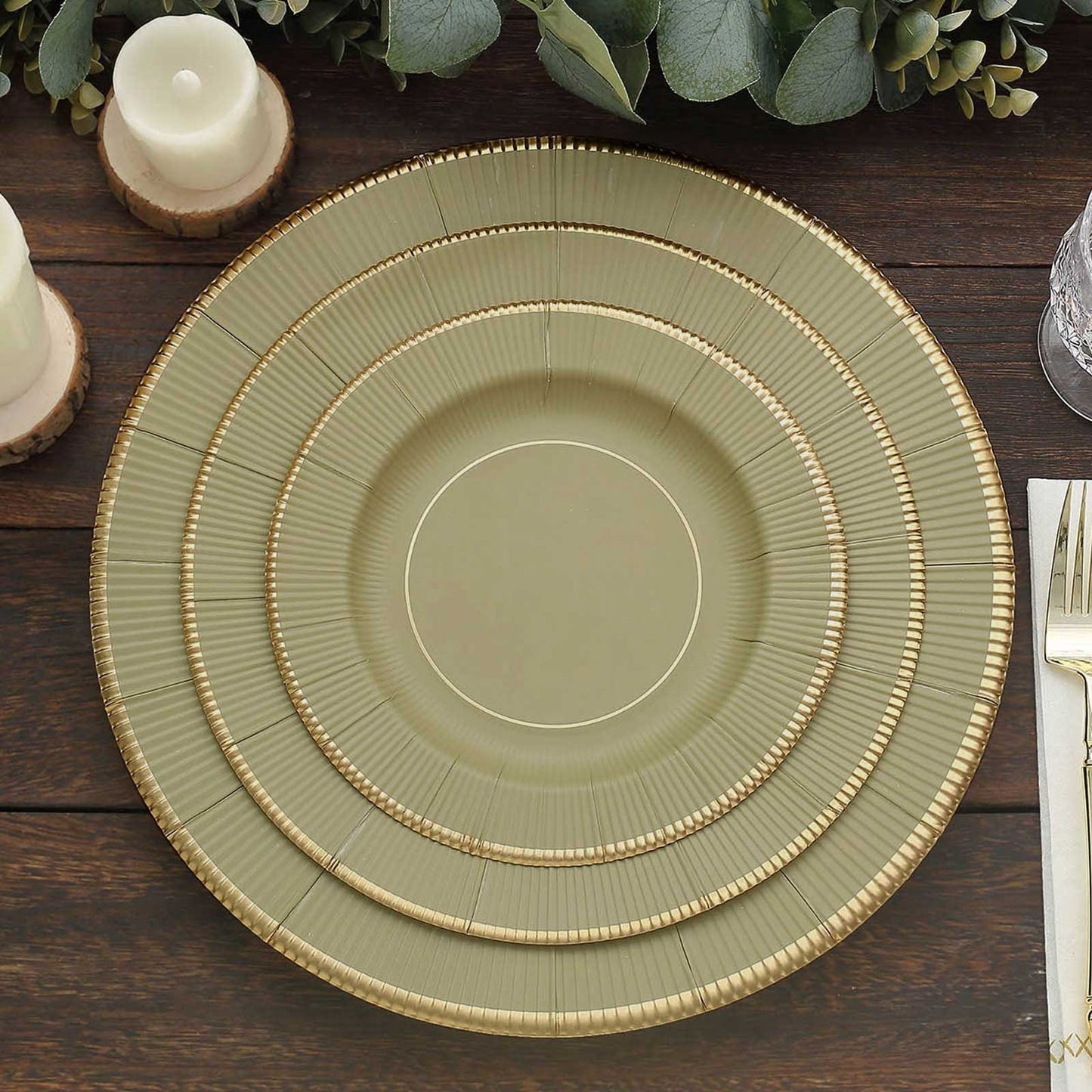 25-Pack Paper 8" Round Dessert Plates in Khaki Sunray Design with Gold Rim - Disposable Heavy Duty 350GSM Appetizer Salad Plates