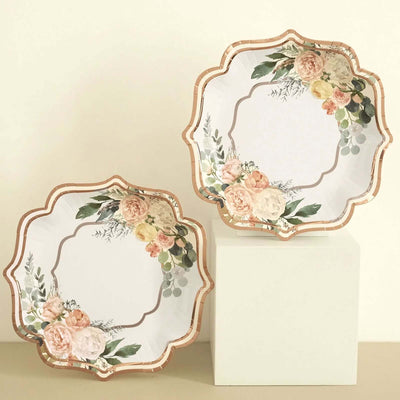 25-Pack Paper 8" Dessert Plates in White with Floral Print & Rose Gold Scallop Rim - Disposable 300GSM Appetizer Salad Plates