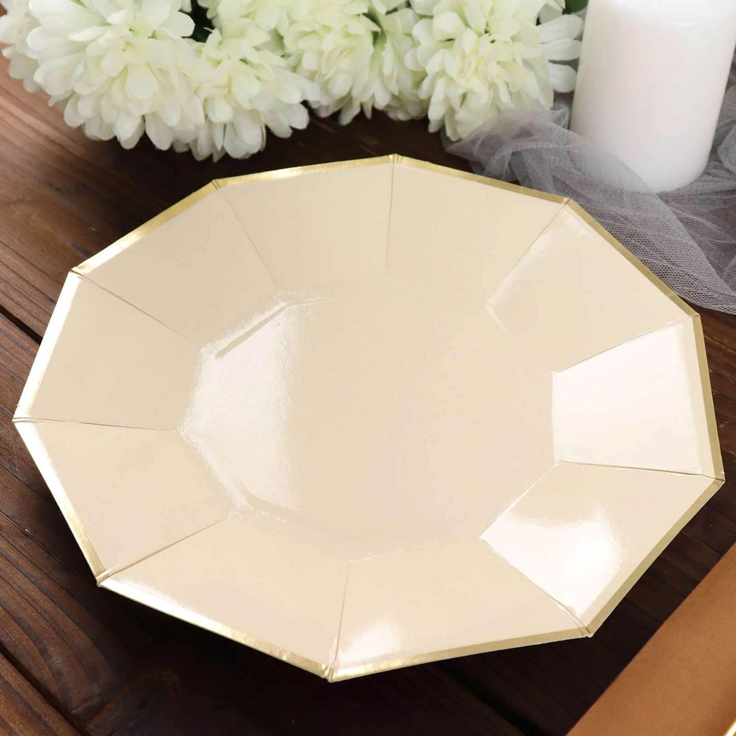 25-Pack Paper 9" Decagon Dinner Plates in Beige with Gold Foil Rim - Disposable Geometric Party Plates for Modern Weddings & Events