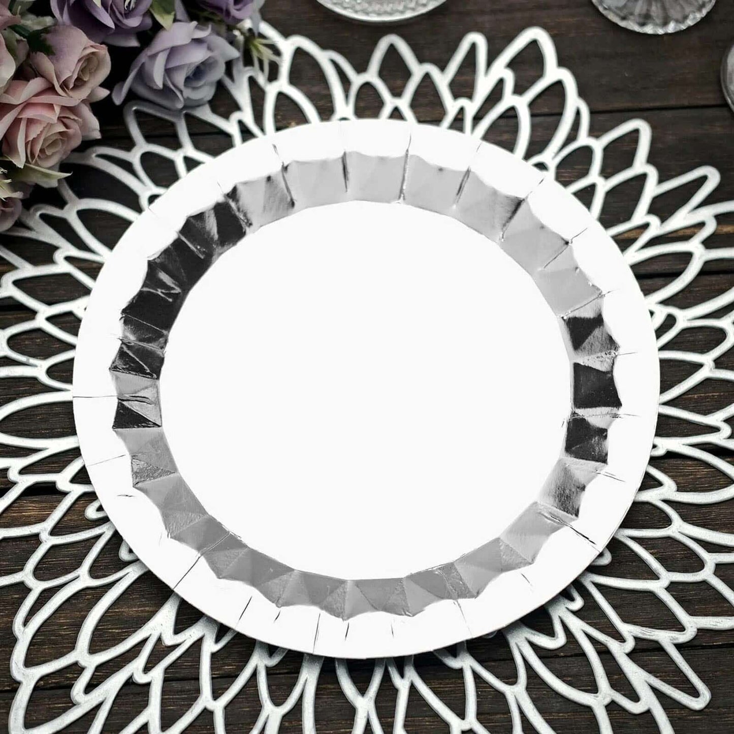 25-Pack Paper 9" Round Dinner Plates in Metallic Silver with Geometric Prism Rim - Disposable 400GSM Party Plates